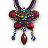 Violet/Deep Purple Diamante 'Butterfly With Tail' Cotton Cord Pendant Necklace In Bronze Metal - 38cm Length/ 8cm Extension