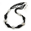 Black Glass Bead With Hammered Metal Station Long Necklace In Silver Tone Finish - 70cm Length/ 7cm Extension
