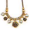 Vintage 'Rose&Heart' Mesh Charm Necklace In Burn Gold Metal - 40cm Length/ 6cm Extension