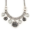 Vintage 'Rose&Heart' Mesh Charm Necklace In Burn Silver Metal - 40cm Length/ 6cm Extension