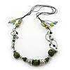 Long Green Glass and Wooden Bead Necklace on Cotton Cord - Expandable 112cm - 147cm Length