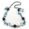 Long Turquoise Stone and Dark Blue Wooden Bead Necklace on Cotton Cord - Expandable 112cm - 147cm Length