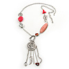 Long Hot Pink Stone and Silver Charm Tassel Necklace In Silver Tone - 75cm Length (5cm extension)