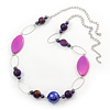 Long Purple Resin and Acrylic Nugget Necklace in Silver Tone- 112cm Length (5cm extension)