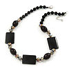 Black Ceramic & Grey Crystal Bead Necklace In Rhodium Plating - 42cm Length/ 5cm Extension