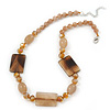 Beige Ceramic & Ligth Amber Coloured Crystal Bead Necklace In Rhodium Plating - 42cm Length/ 5cm Extension
