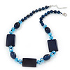 Dark Blue Ceramic & Ligth Blue Crystal Bead Necklace In Rhodium Plating - 42cm Length/ 5cm Extension