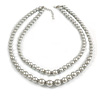 Two Row Grey Simulated Glass Pearl Bead Layered Necklace In Silver Plating - 46cm Length/ 6cm Extension