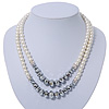 Two Row White Glass Pearl & Grey Crystal Beads Necklace - 46cm L /6cm Ext
