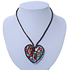 Open Heart With Multicoloured Semiprecious Stones Pendant On Brown Cotton Cord Necklace - 40cm Length