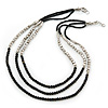 3 Strand Round Black Ceramic & Silver Tone Square Bead Necklace - 74cm Length