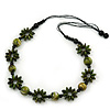 Long Green/ Gold Wood Floral Necklace On Black Cotton Cord - 80cm Length