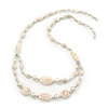 Long Antique White Ceramic, Simulated Pearl Glass, Metal Bead Necklace In Rhodium Plating - 72cm Length