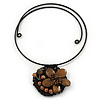 Brown Ceramic, Simulated Pearl 'Flower' Pendant Wired Choker Necklace - Adjustable