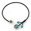 Turquoise, Ceramic Beaded Flower On Flex Wire Choker Necklace - Adjustable