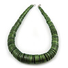 Chunky Glitter Fern Green Wood Button Bead Necklace In Silver Tone - 50cm Length