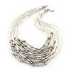 Multistrand, Layered Silver Beads & Bars White Silk Cord Necklace - 60cm Length