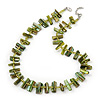 Olive Green Shell Nugget & Small Glass Bead Necklace In Silver Tone - 52cm Length/ 4cm Extension