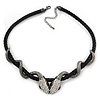 Austrian Crystal 'Double Snake' Black Leather Cord Necklace In Gunmetal - 46cm Length/ 8cm Extension