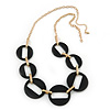 Long Open Round Black Resin Bead Necklace In Gold Plating - 70cm Length/ 6cm Extension