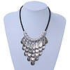 Ethnic Metal 'Leaf' Bib Style Necklace With Black Leather Cord In Antique Silver Tone - 38cm Length/ 5cm Extension