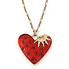 Red Enamel Crystal Heart Pendant With Gold Tone Long Chain - 70cm Length/ 7cm Extension