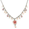 Vintage Inspired Pink Enamel, Crystal Flowers, Freshwater Pearl Necklace In Antique Silver Metal - 38cm Length/ 6cm Extension