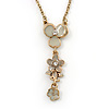 Light Grey/ Beige Enamel Floral Dangle Pendant Gold Tone Chain Necklace - 36cm Length/ 8cm Extension