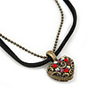 Small Filigree Red Crystal Heart With Black Suede, Bronze Tone Bead Chain - 36cm L/ 4cm Ext