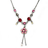 Vintage Inspired Fuchsia Crystal, Pink Floral Charm Necklace In Pewter Tone Metal - 38cm Length/ 4cm Extension
