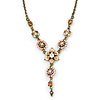 Vintage Inspired Pastel Enamel, Crystal Floral V-Shape Necklace In Bronze Tone Metal - 38cm Length/ 6cm Extension