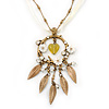 Vintage Inspired Mother of Pearl, Crystal, Glass Bead Floral Pendant On Silk Ribbon & Gold Tone Chain Necklace - 40cm Length/ 5cm Extender