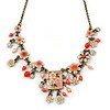 Vintage Inspired Light Coral Crystal, Enamel Flowers, Freshwater Pearls Charm Necklace In Bronze Tone - 38cm Length/ 8cm Extension