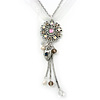 Crystal Flower Pendant With Charms With Silver Tone Chain & White Organza Ribbon - 38cm Length/ 7cm Extension