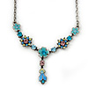 Vintage Inspired Blue Enamel, Crystal Floral Y- Shape Necklace In Burn Silver - 36cm Length/ 4cm Extension