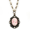 Victorian Style Pink Cameo Pendant With Faux Pearl Beaded Chain In Bronze Tone Metal - 38cm Length