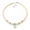 Prom, Bridal, Wedding 8mm, 10mm White Simulated Glass Pearl Necklace With Crystal Rings - 38cm Length/ 6cm Extension