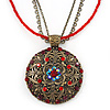 Vintage Inspired Red Crystal Filigree Medallion Pendant With Multi Chains - 34cm L/ 5cm Ext