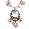 Vintage Inspired Pink/ Cream Enamel Floral Oval Pendant with Chain And Organza Cord In Pewter Tone - 40cm L/ 5cm Ext