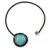 Turquoise, Ceramic Beaded Flower On Flex Wire Choker Necklace - Adjustable