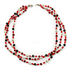 3 Strand Red, Black, White Ceramic & Glass Bead Necklace In Silver Tone - 46cm L