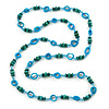 Long Green Wood Bead & Light Blue Bone Ring Necklace - 114cm L