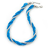Turquoise Blue Ceramic And Silver Metal Bead Multistrand Twisted Necklace In Silver Tone - 44cm L/ 2cm Ext