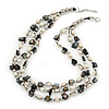 3 Strand Freshwater Pearl, Slate Black Shell Nugget Necklace In Silver Tone - 40cm L/ 4cm Ext