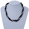 Black Ceramic And Silver Metal Bead Multistrand Twisted Necklace In Silver Tone - 44cm L
