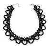 Black Imitation Pearl Bead Collar Style Necklace In Silver Tone - 36cm L/ 6cm Ext