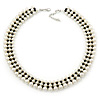 White Imitation Pearl & Black Glass Bead Collar Necklace In Silver Tone - 44cm L/ 4cm Ext