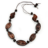 Tribal Brown Wood Bead Cotton Cord Necklace - 80cm L