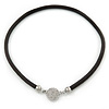 Black Rubber Necklace With Crystal Round Magnetic Closure - 38cm L