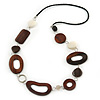 Brown Wood Oval Link, White Ceramic Bead, Black Faux Leather Cord Necklace - 80cm L
